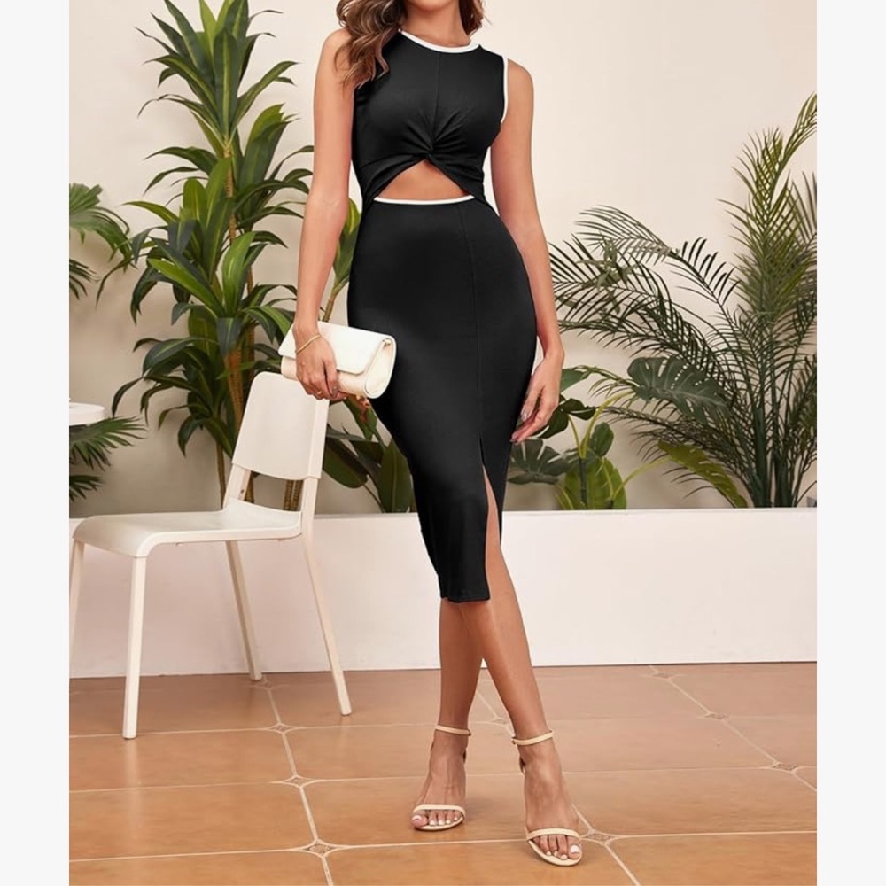 NWT Oten Women's Crew Neck Sleeveless Cutout Bodycon Slim Slit Midi Dress - Picture 3 of 11